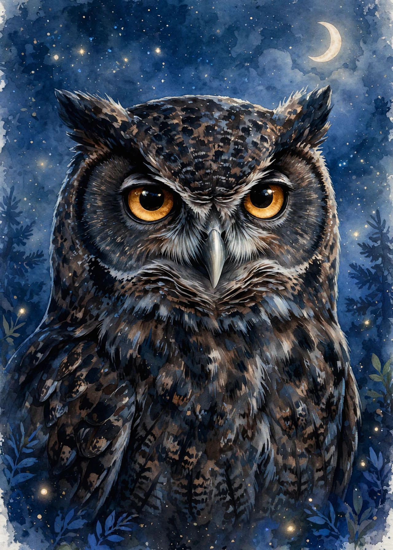 Nox — his trading card, a dark owl with yellow eyes under a crescent moon