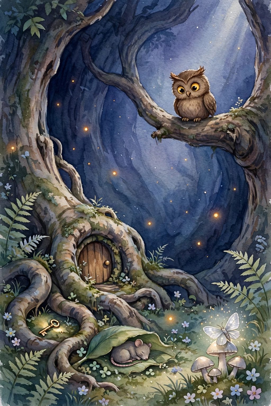 Nox the owl on a branch in his dark hollow, yellow eyes bright
