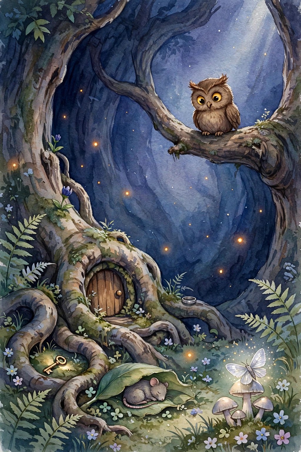 A painted watercolour night hollow in a great tree: Nox the owl with large yellow eyes on a branch, a small round door in the trunk, and five small hidden things in the dark